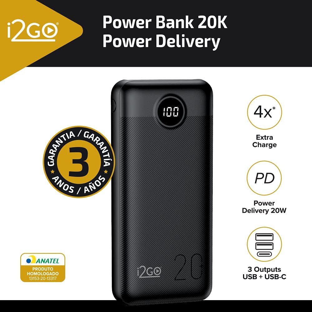 Carregador Portátil I2GO Carregador Portátil I2GO 10.000 mAh 2 Saídas USB Preto