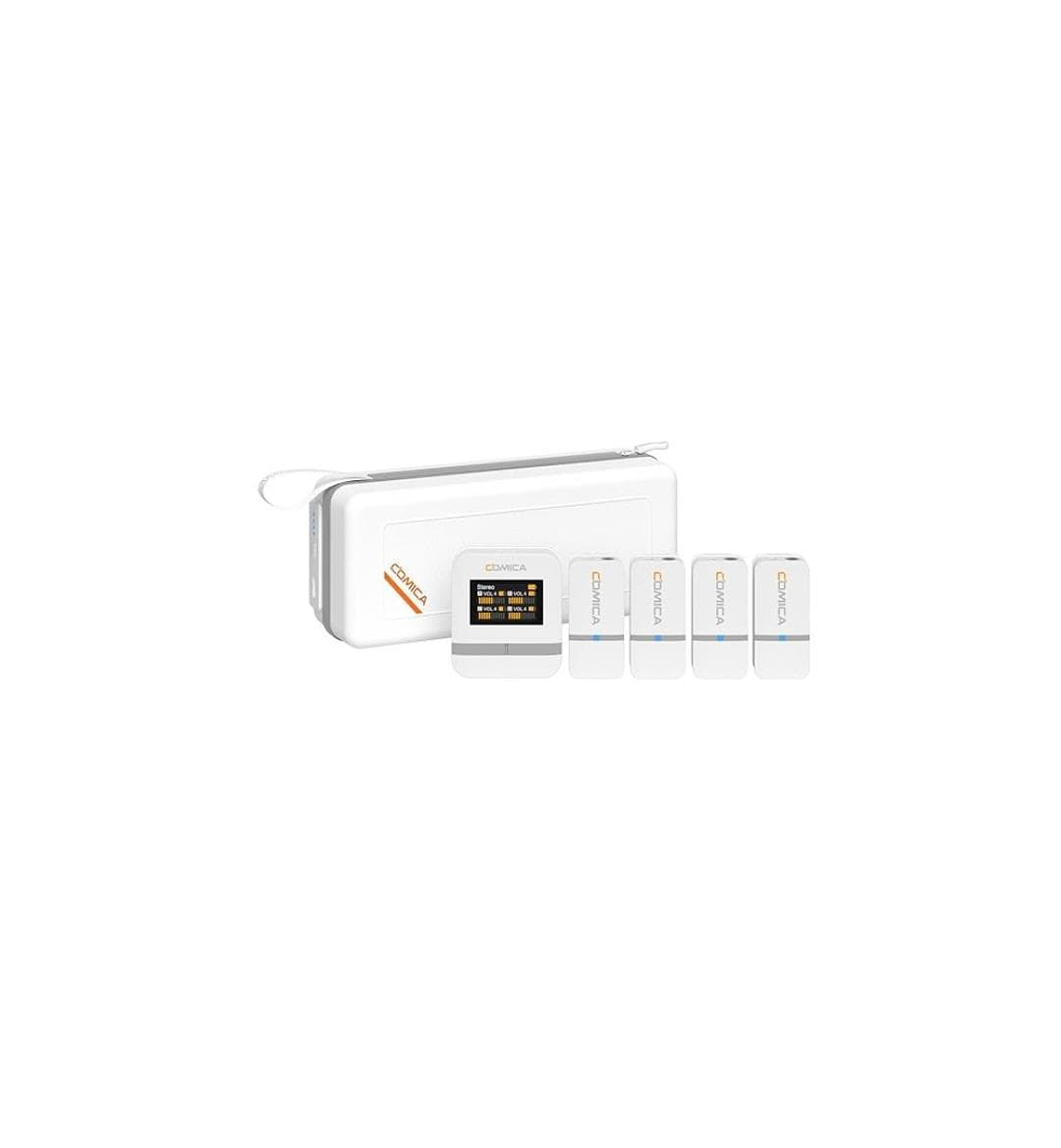 Comica Vimo Q Mini sistema de microfone de lapela sem fio de quatro canais com 4 transmissores e 1 receptor Comica Vimo Q Mini sistema de microfone de lapela sem fio de quatro canais com 4 transmissores e 1 receptor