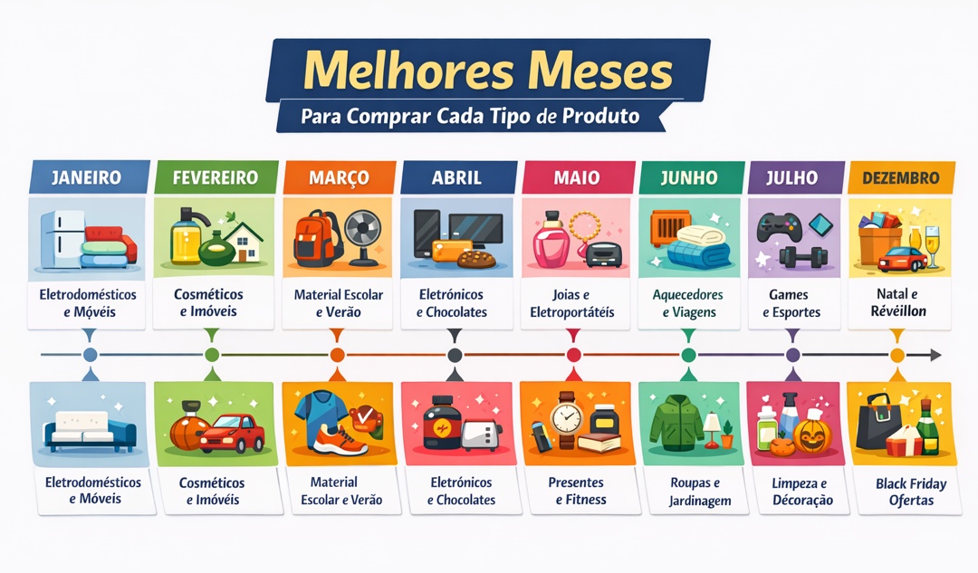 Infográfico mostrando os melhores meses do ano para comprar cada tipo de produto